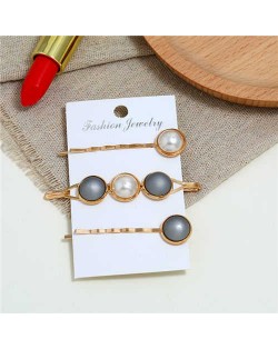 Pearl and Button Fashion 3pcs Women Hair Clip and Barrette Combo Set - Gray