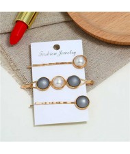 Pearl and Button Fashion 3pcs Women Hair Clip and Barrette Combo Set - Gray