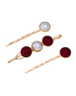Pearl and Button Fashion 3pcs Women Hair Clip and Barrette Combo Set - Red