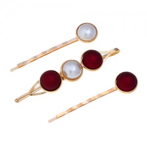 Pearl and Button Fashion 3pcs Women Hair Clip and Barrette Combo Set - Red