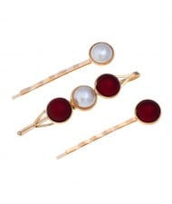 Pearl and Button Fashion 3pcs Women Hair Clip and Barrette Combo Set - Red