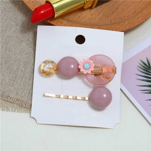 Graceful Flower Korean Fashion 2pcs Women Hair Clip and Barrette Combo Set - Pink