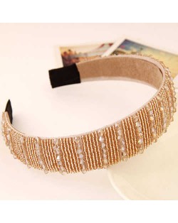 Artifical Crystal Beads Embellished Handmade Shining Fashion Women Hair Hoop - Golden