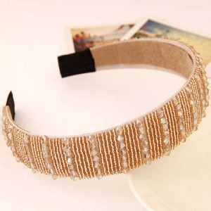 Artifical Crystal Beads Embellished Handmade Shining Fashion Women Hair Hoop - Golden