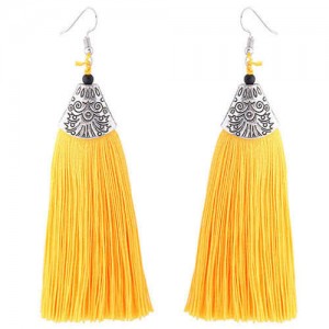 High Fashion Cotton Threads Tassel Design Women Costume Earrings - Yellow
