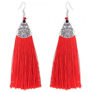 High Fashion Cotton Threads Tassel Design Women Costume Earrings - Red