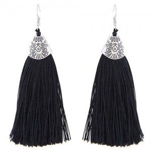 High Fashion Cotton Threads Tassel Design Women Costume Earrings - Black