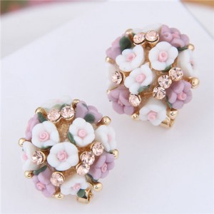 Flowers Ball Design Korean High Fashion Women Costume Earrings - Violet
