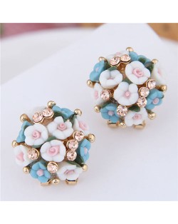 Flowers Ball Design Korean High Fashion Women Costume Earrings - Blue and White