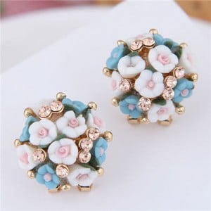 Flowers Ball Design Korean High Fashion Women Costume Earrings - Blue and White