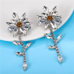 High Fashion Shining Rhinestone Flowers Dangling Costume Earrings