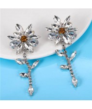 High Fashion Shining Rhinestone Flowers Dangling Costume Earrings