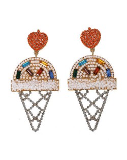 Mini Beads and Rhinestone Ice Cream Fashion Earrings - White