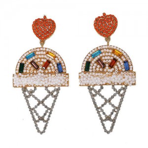 Mini Beads and Rhinestone Ice Cream Fashion Earrings - White