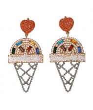 Mini Beads and Rhinestone Ice Cream Fashion Earrings - White