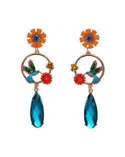Bird and Flower Hoop Design with Dangling Gem High Fashion Women Earrings