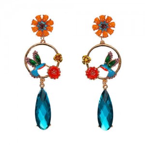 Bird and Flower Hoop Design with Dangling Gem High Fashion Women Earrings
