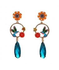 Bird and Flower Hoop Design with Dangling Gem High Fashion Women Earrings