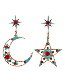 Beads Embellished Hollow Star and Moon High Fashion Women Statement Earrings