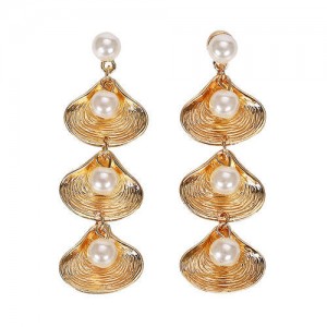 Pearls Inlaid Dangling Seashell Cluster Women Fashion Earrings