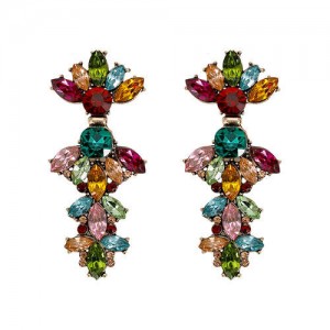Glistening Colorful Gems Floral Pattern Costume Earrings