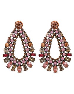 Assorted Gems Embellished Hollow Waterdrop Design Women Fashion Earrings