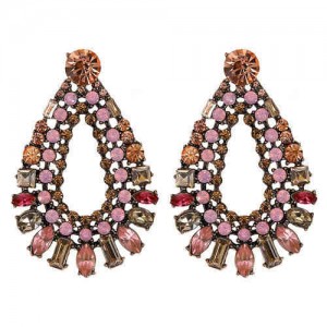 Assorted Gems Embellished Hollow Waterdrop Design Women Fashion Earrings