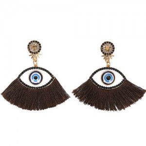 Blue Eye Cotton Threads Tassel Design High Fashion Earrings - Brown