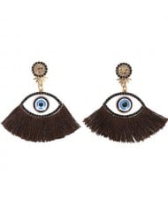 Blue Eye Cotton Threads Tassel Design High Fashion Earrings - Brown