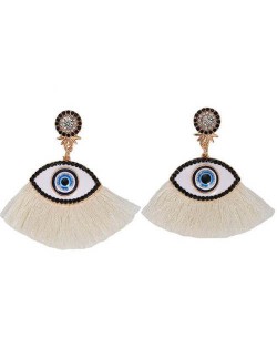 Blue Eye Cotton Threads Tassel Design High Fashion Earrings - White