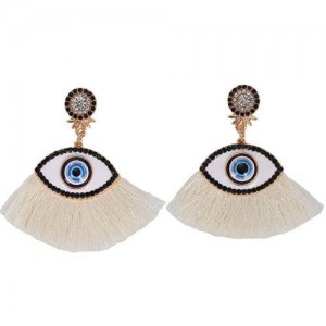 Blue Eye Cotton Threads Tassel Design High Fashion Earrings - White