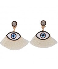 Blue Eye Cotton Threads Tassel Design High Fashion Earrings - White