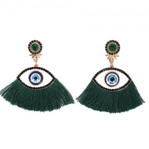 Blue Eye Cotton Threads Tassel Design High Fashion Earrings - Ink Green