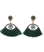 Blue Eye Cotton Threads Tassel Design High Fashion Earrings - Ink Green