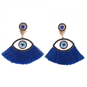 Blue Eye Cotton Threads Tassel Design High Fashion Earrings - Blue