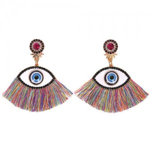 Blue Eye Cotton Threads Tassel Design High Fashion Earrings - Multicolor
