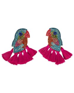 Rhinstone Parrot with Tassel Design Fashion Costume Earrings - Rose