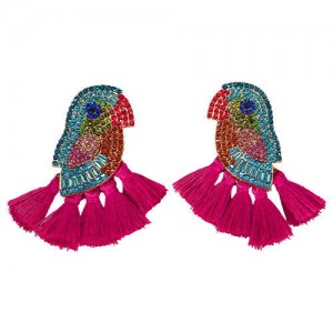 Rhinstone Parrot with Tassel Design Fashion Costume Earrings - Rose