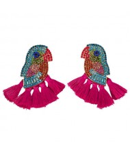 Rhinstone Parrot with Tassel Design Fashion Costume Earrings - Rose