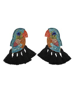 Rhinstone Parrot with Tassel Design Fashion Costume Earrings - Black