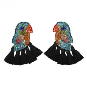 Rhinstone Parrot with Tassel Design Fashion Costume Earrings - Black