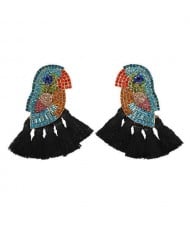 Rhinstone Parrot with Tassel Design Fashion Costume Earrings - Black