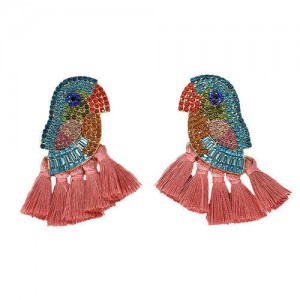 Rhinstone Parrot with Tassel Design Fashion Costume Earrings - Pink