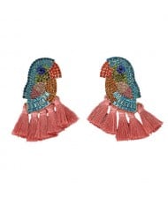 Rhinstone Parrot with Tassel Design Fashion Costume Earrings - Pink