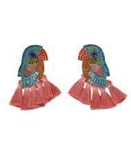 Rhinstone Parrot with Tassel Design Fashion Costume Earrings - Pink