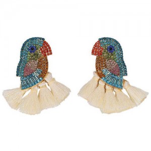 Rhinstone Parrot with Tassel Design Fashion Costume Earrings - White