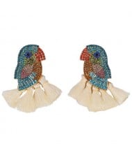 Rhinstone Parrot with Tassel Design Fashion Costume Earrings - White