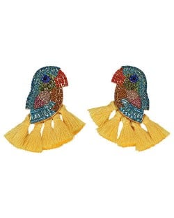 Rhinstone Parrot with Tassel Design Fashion Costume Earrings - Yellow