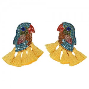Rhinstone Parrot with Tassel Design Fashion Costume Earrings - Yellow