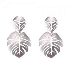 Oil-spot Glazed Hollow Leaves High Fashion Women Earrings - Silver